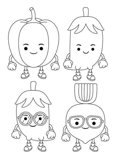 Set vector outline illustration of vegetables mascot character for coloring book