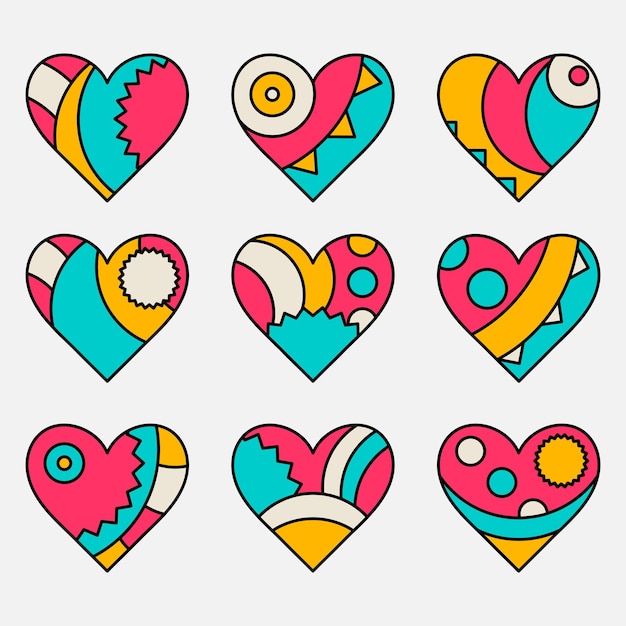 Set of vector painted colored decorated hearts