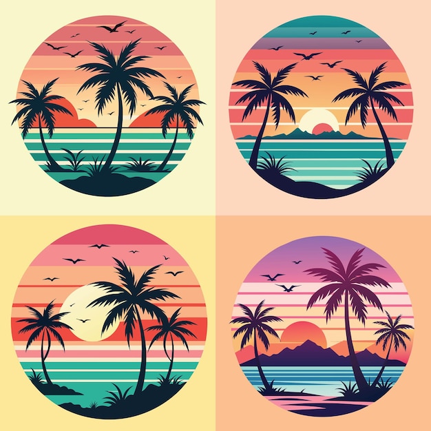 Set of vector Palm trees and sunset on the sea illustrations summer t shirt