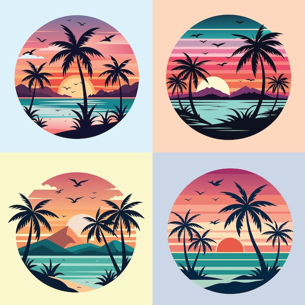 Set of vector Palm trees and sunset on the sea illustrations summer t shirt