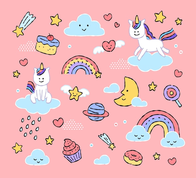 set of vector pastel unicorn clouds star dessert planet kid illustration