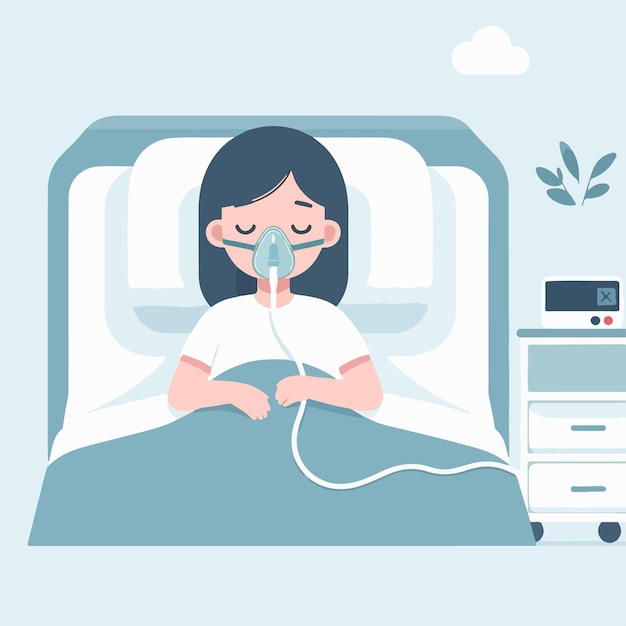 Vector set vector patient lying in hospital bed with oxygen mask