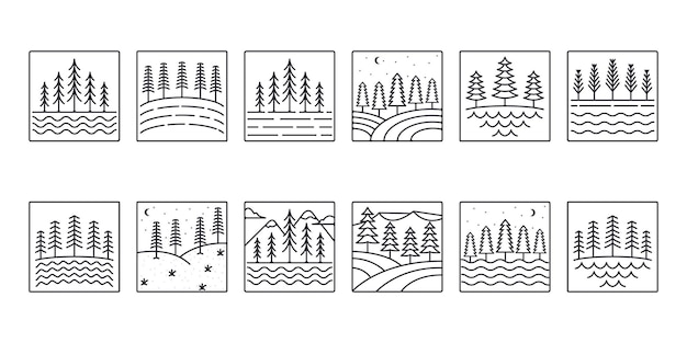 Set of vector pines tree line icon logo illustration design collection of pine tree line art style