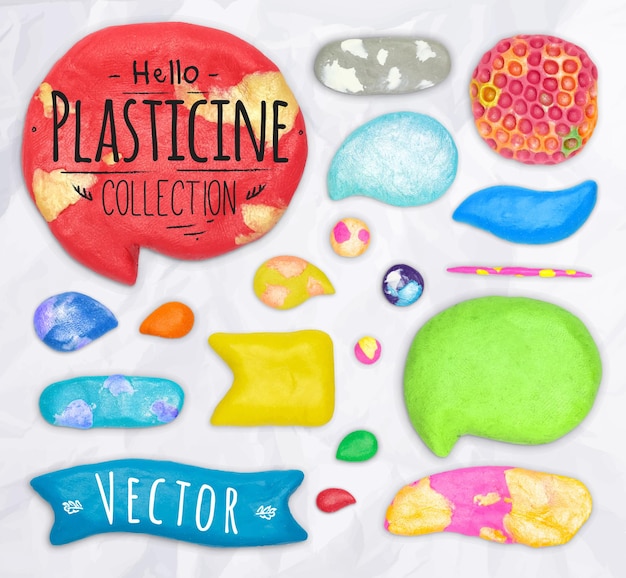 Set of vector plasticine design elements cobbled together on a crumpled paper