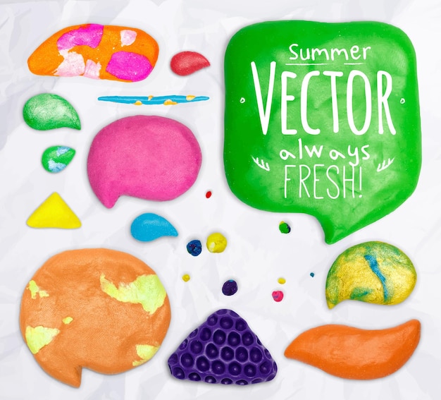 Set of vector plasticine design elements cobbled together on a crumpled paper