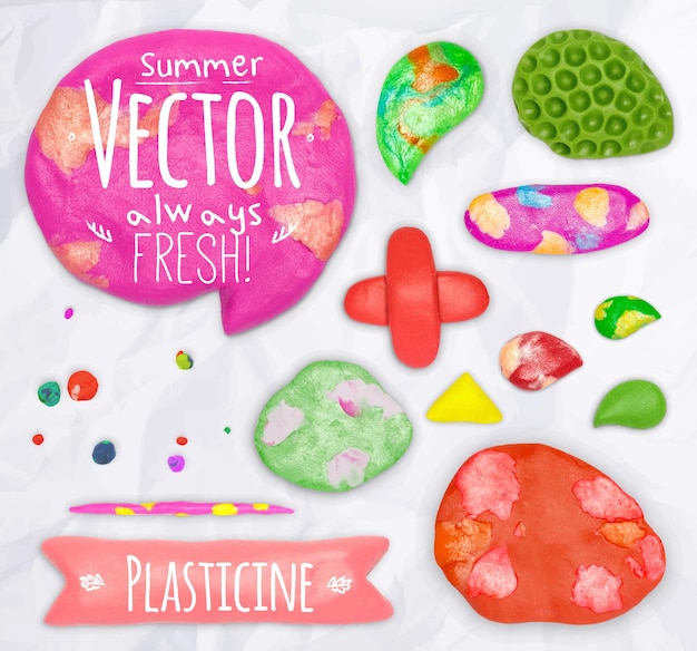 Set of vector plasticine design elements cobbled together on a crumpled paper