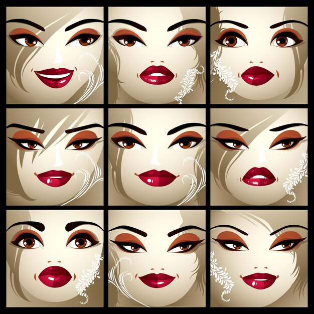 Set of vector portraits of sexy women in different emotions. Parts of female faces with beautiful makeup, black brows, brown eyes and red lips.