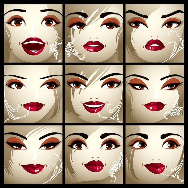 Set of vector portraits of sexy women in different emotions. Parts of female faces with beautiful makeup, black brows, brown eyes and red lips.