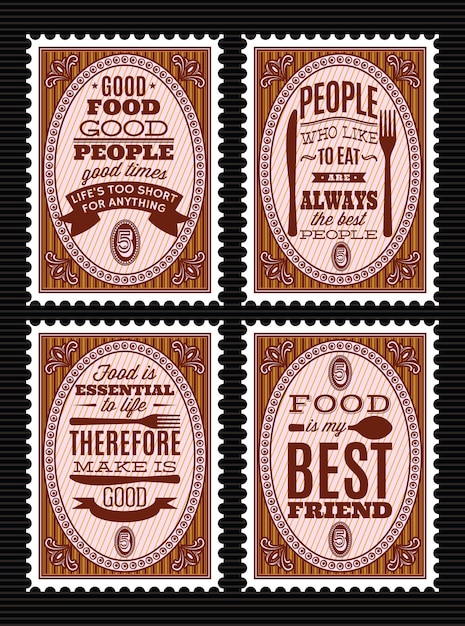 Set of vector postage stamps with citations on food theme