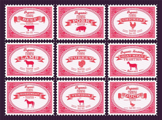 Set of vector Postage stamps with farm animals