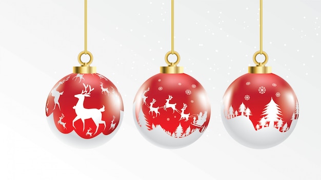 Set of vector red and white christmas balls with ornaments