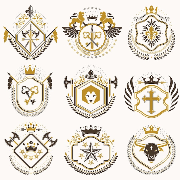 Set of vector retro vintage insignias created with design elements like medieval castles, armory, wild animals, imperial crowns. Collection of coat of arms.