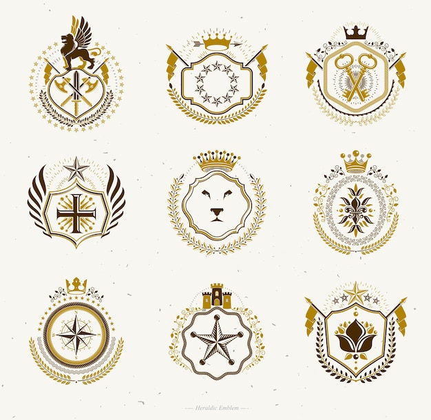 Set of vector retro vintage insignias created with design elements like medieval castles, armory, wild animals, imperial crowns. Collection of coat of arms.