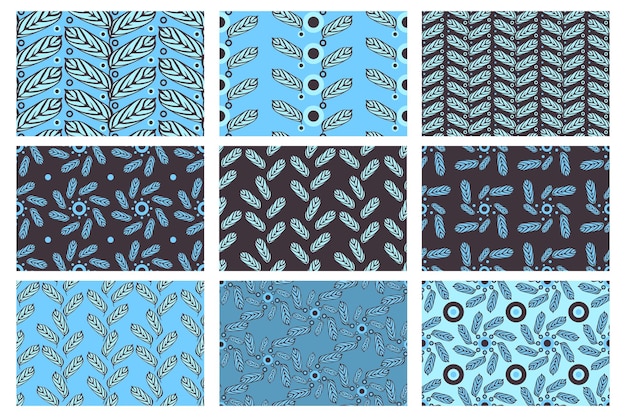 Set of vector seamless patterns 9 floral chocolate and blue endless patterns with leaves