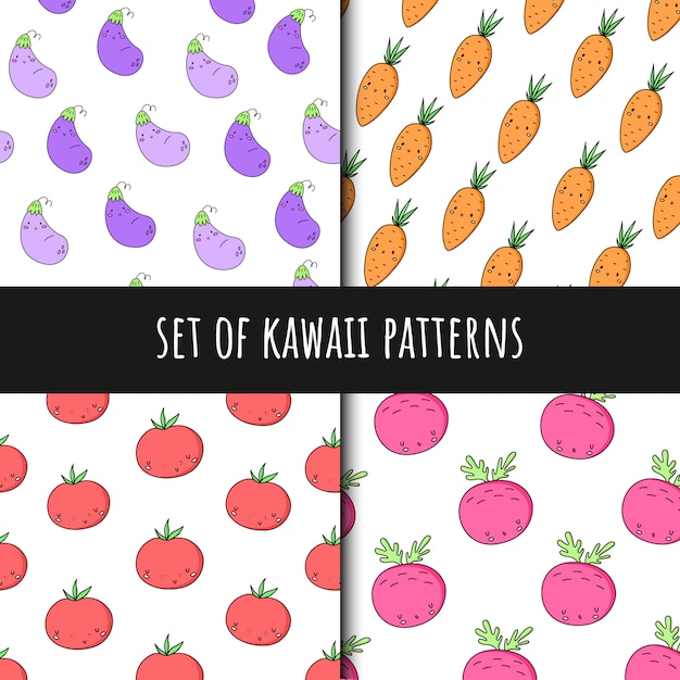 Set of vector seamless patterns in kawaii style