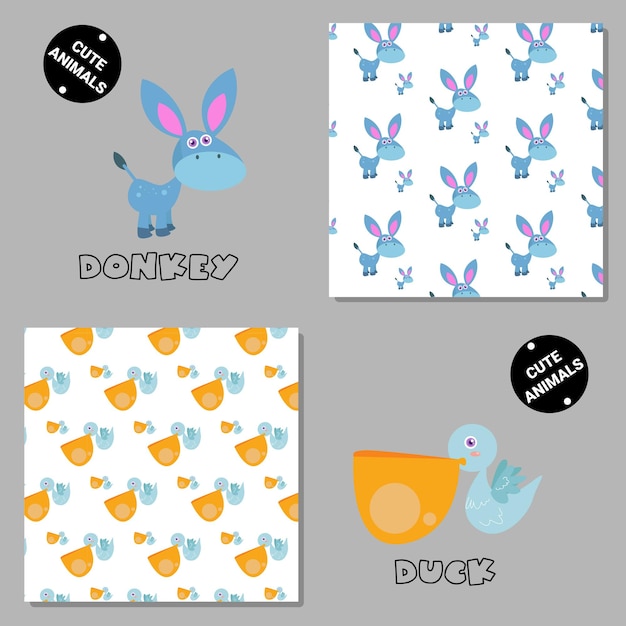 Set of vector seamless patterns with animals. Hand drawn illustration of donkey and duck. Print on T-shirts, bags and and other fashion products. Design children's clothing and accessories