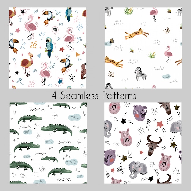 Set vector seamless patterns with cartoon African animals, plants, birds 