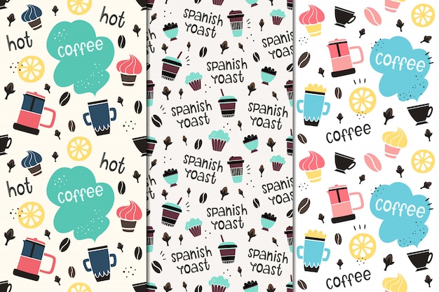 Set of vector seamless patterns with coffee and spices.