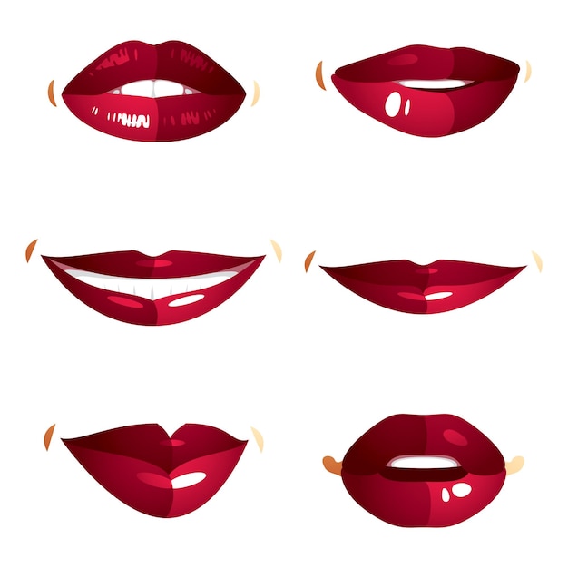 Set of vector sexy female red lips expressing different emotions and isolated on white background. Face parts, shiny women lips, design elements.