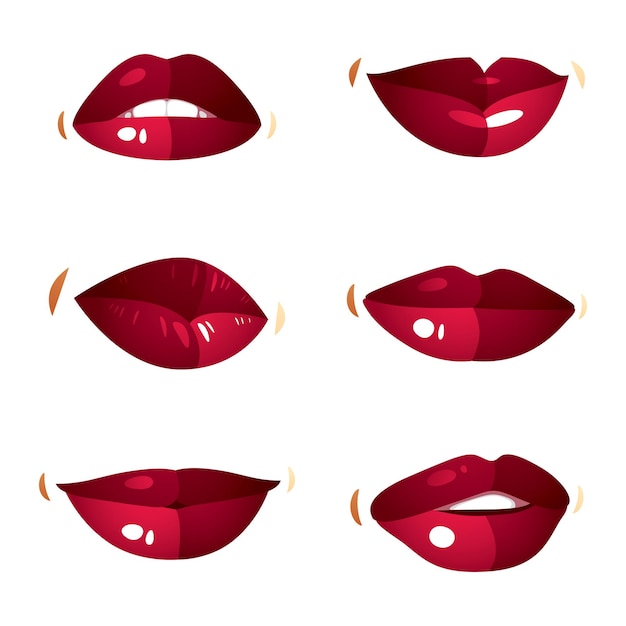 Vector set of vector sexy female red lips expressing different emotions and isolated on white background. face parts, shiny women lips, design elements.