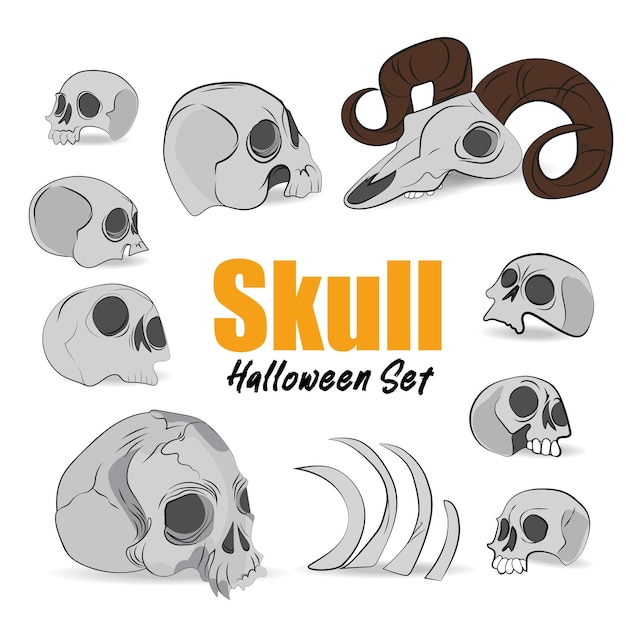 A set of vector skulls. Illustrations for Halloween and the Day of the Dead. Vector illustration