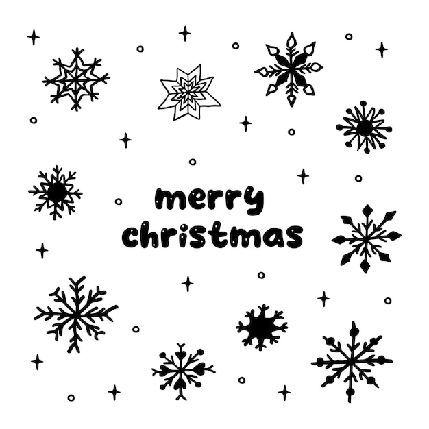 Set of vector snowflakes doodle style black and white cute simple Christmas