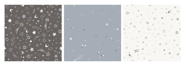 Set of vector space seamless patterns with planets comets constellations and stars Night sky hand drawn doodle astronomical backgrounds