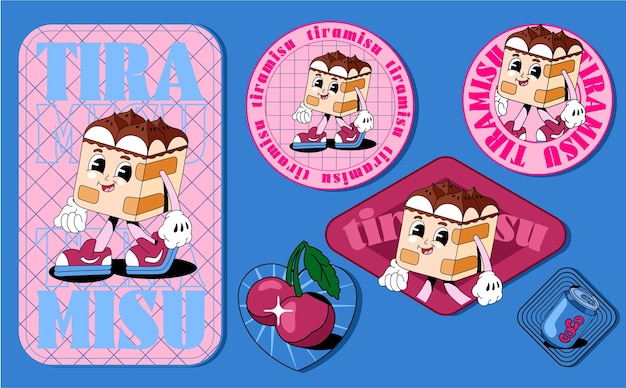 Set of vector stickers on a blue background Cherry and cola tiramisu character with topography elem