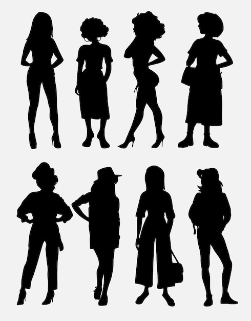 Set Of Vector Students Silhouettes. Collection of stylish young women dressed in trendy clothes.Set of fashionable casual and formal outfits.Vector Image