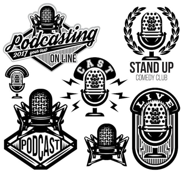 Set of vector stylish retro pattern with microphones radio podcast show