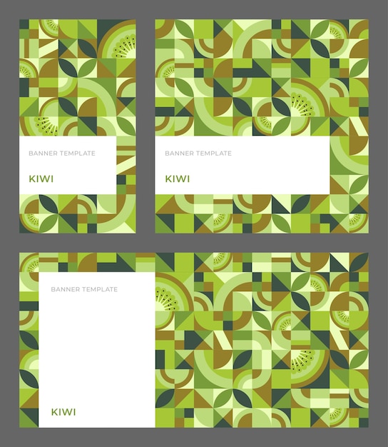 Vector set of vector templates for banner with kiwi fruit in bauhaus style. abstract geometric seamless pattern with copy space for ad, stories, social media. simple repeating shapes, mosaic background.