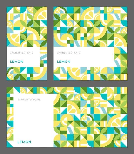 Set of vector templates for banner with lemon Seamless pattern in Bauhaus style with copy space for advertising stories social media Abstract geometric background Simple repeating shapes mosaic