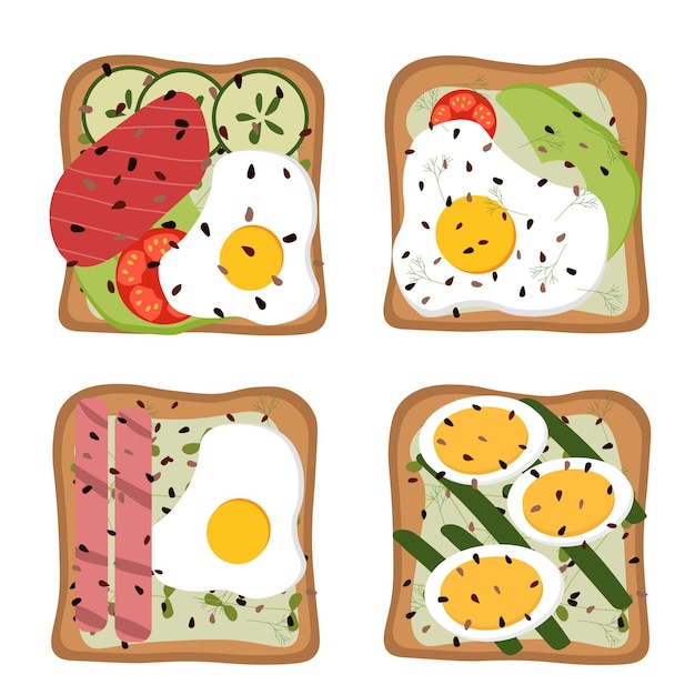 Vector set of vector toasts and sandwiches slices of bread with egg avocado fish cucumber tomatoes