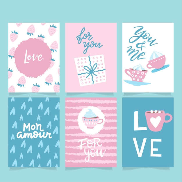 Set of vector Valentine's inspired greeting cards with hearts, simple flat style