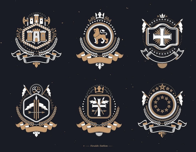 Set of vector vintage elements, heraldry labels stylized in retro design. Symbolic illustrations collection composed with medieval strongholds, monarch crowns, crosses and armory.