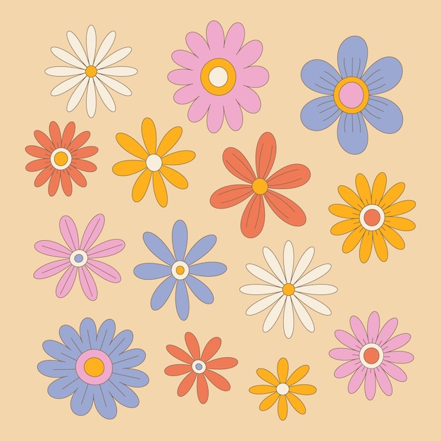 A set of vector vintage flowers 70s style Hippie style design power flowers retro groovy