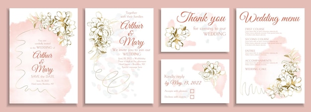 Set of vector wedding invitation templates with apple bloom and golden decoration