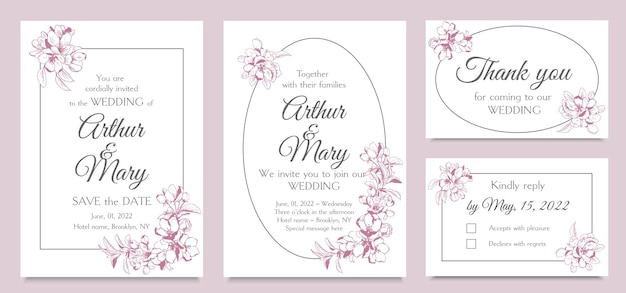 Set of vector wedding invitation templates with apple bloom and pink background