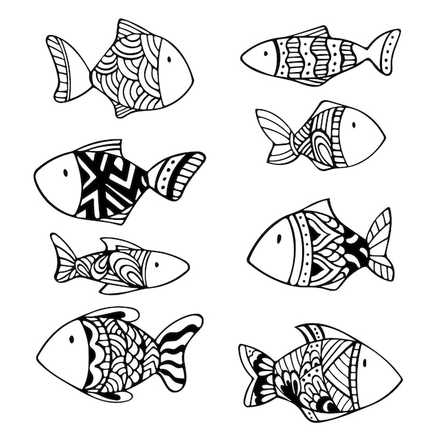 Set of vector zen doodle fish black and white doodle hand drawn sketch zen tangle tattoo drawing col