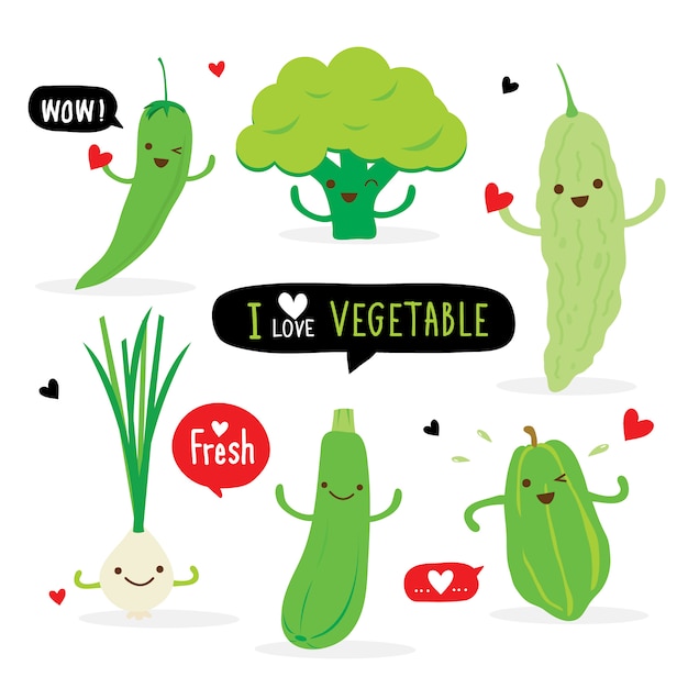 Set of Vegetable Green Color Cartoon Character. chili, broccoli, bitter gourd, spring onion, zucchini and papaya. illustration