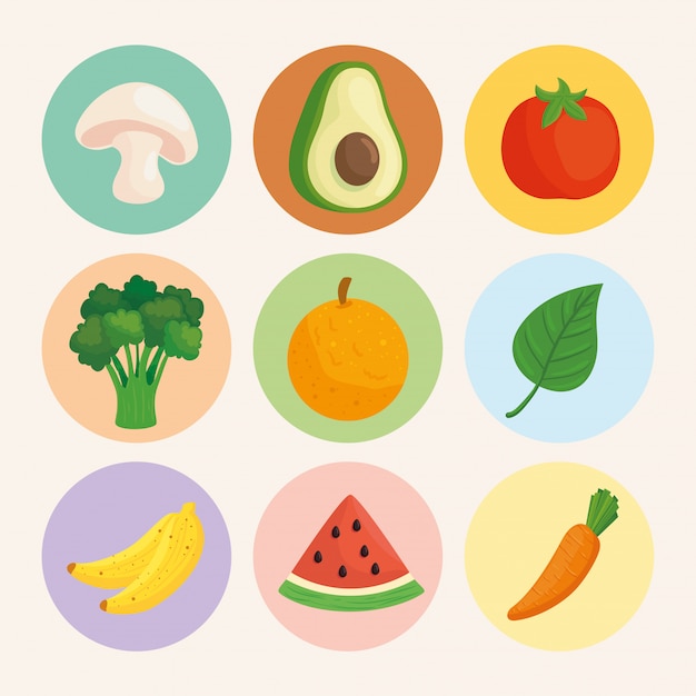 Set vegetables and fruits on round frames, in white background