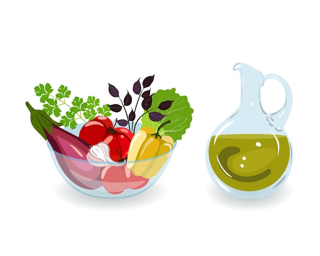 Set of vegetables for salad and olive oil Tomato bell pepper eggplant and herbs in a glass bowl