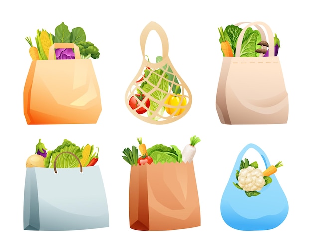 Set of vegetables with recyclable bags vector illustration. Reusable bags with fresh healthy food