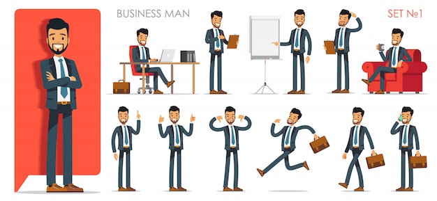 Set version  of businessman character with different poses and actions.   illustration flat design isolated