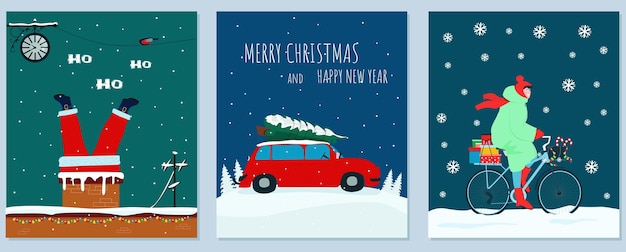 A set of vertical creative winter, New Year, Christmas cards. Design of advertising, posters.