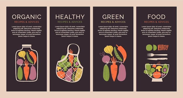 Vector set of vertical flyer templates with organic, healthy, vegan food.banners with vegetables