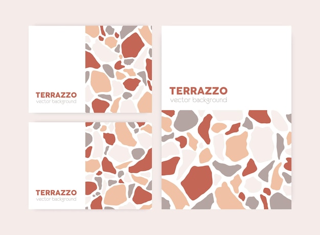 Set of vertical and horizontal cards with terrazzo pattern and place for text on white background. Templates with geometric abstract design, graphic organic shapes. Colored flat vector illustration.