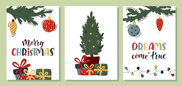 Set of vertical Merry Christmas Cards with Decorated Fir Tree Branches, Christmas Tree, gift boxes and Xmas lettering.