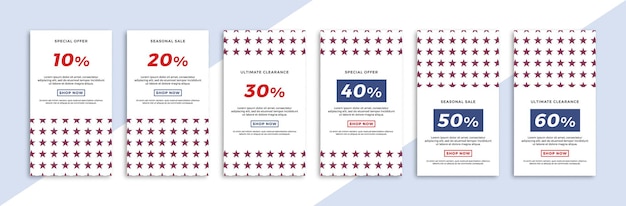 Set of vertical promotional web banners with stars geometric pattern sale and discount templates