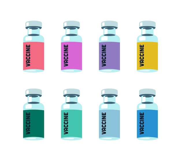 Set of vials with vaccine on white background Color ampules with different label